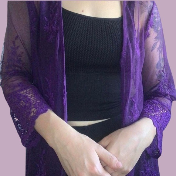 Rich Purple  Lace mesh Cardigan kimono with crochet trim sleeves - Picture 2 of 5